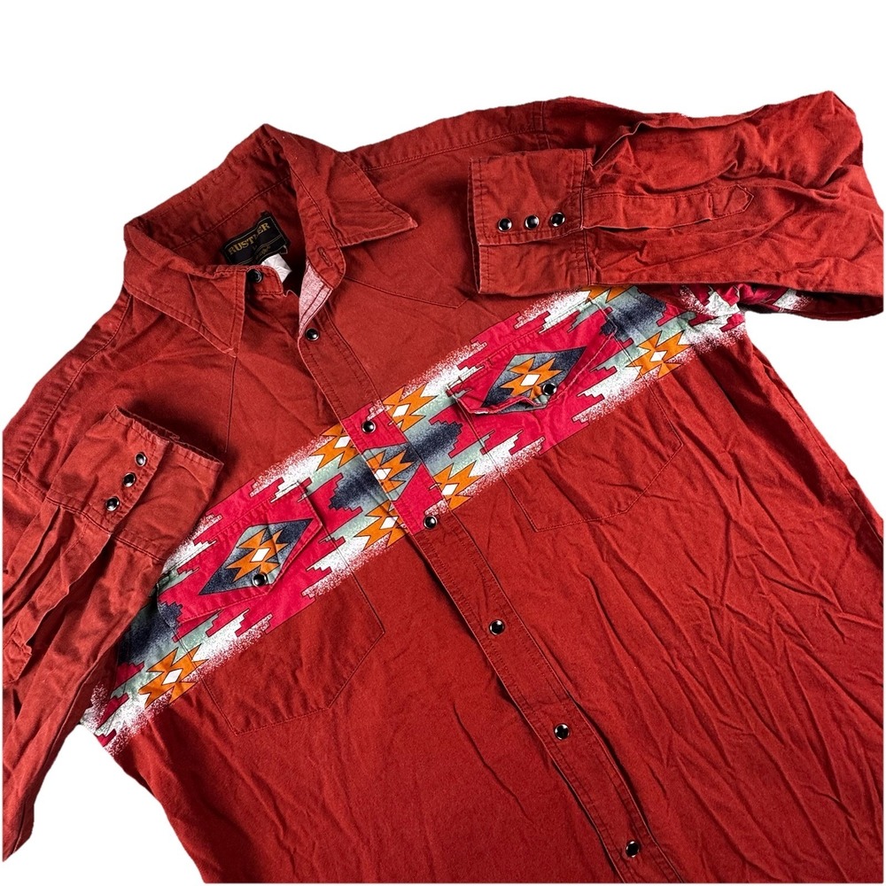 Vintage Rustler Pearl Snap Button-Up Men L Aztec Orange Cowboy Pockets